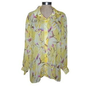 Vintage Maggie Sweet Blouse Womens Size XL Yellow Floral Sheer 80s Buttons